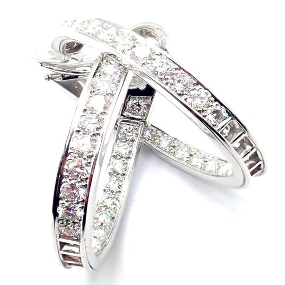 Authentic! Van Cleef & Arpels 18k White Gold Diamond Large Hoop Earrings - Picture 7 of 16